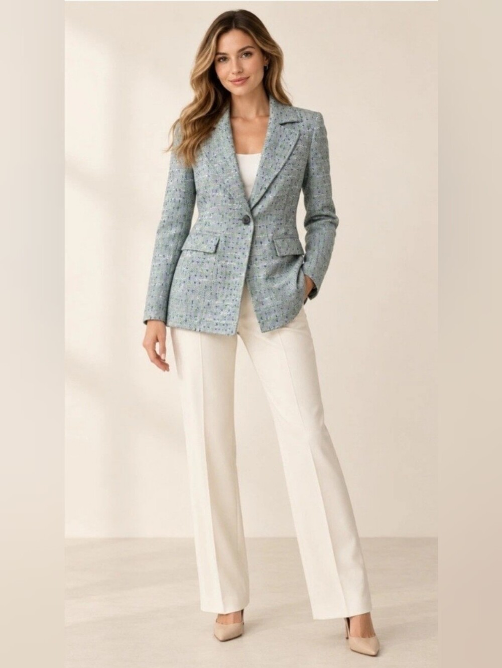 Cabi 6251 NWOT Knit Blazer Medium Green Blue Geometric Button Stretch Jacket